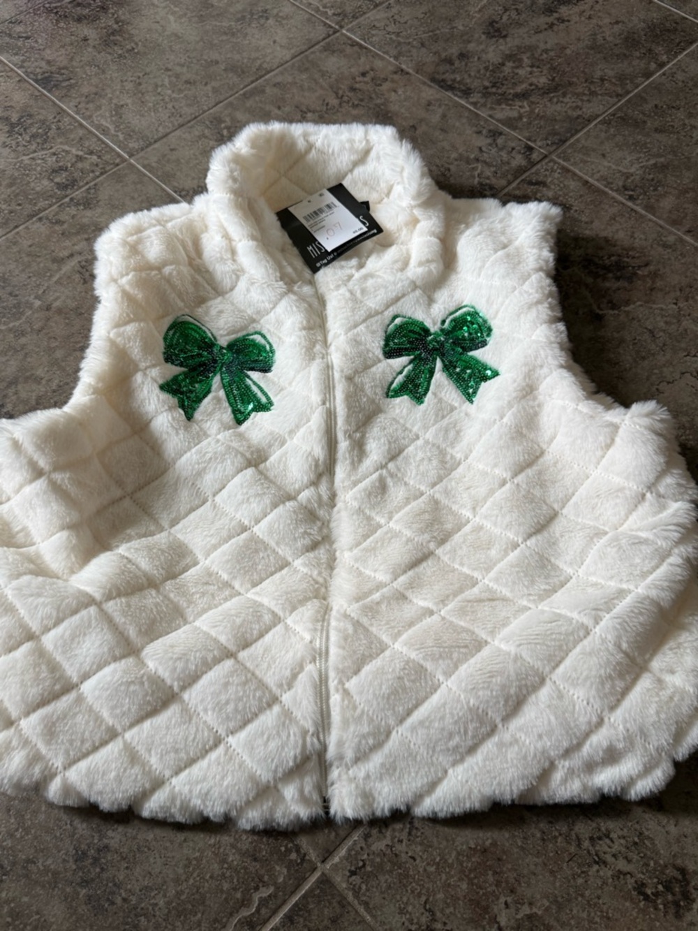 Kids White Faux Fur Vest with Green Sequin Bows